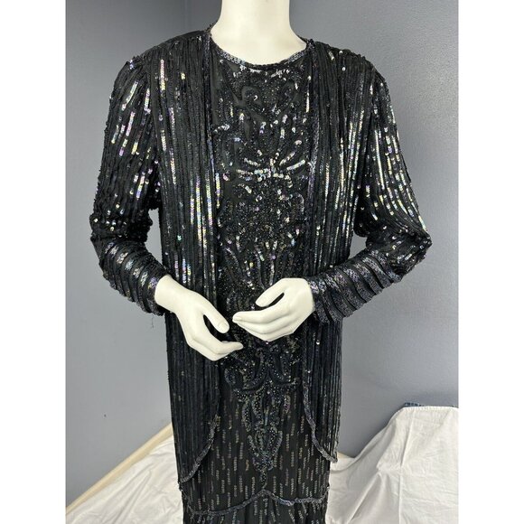 Vtg Fantasy By Lisa Kane Pure Silk Embellished Black Beaded Dress 36” Bust - Picture 3 of 16